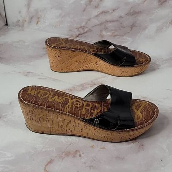 𝅺Sam Edelman Reid Black Strap Cork Wedge Sandals - Picture 6 of 13